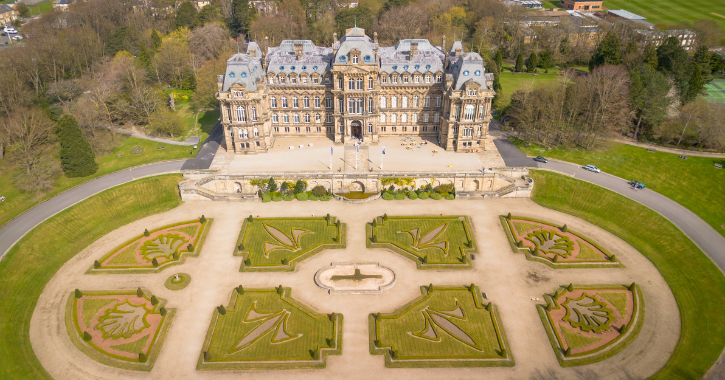 aerial view of The Bowes Museum and surrounding parkland at Barnard Castle, County Durham.